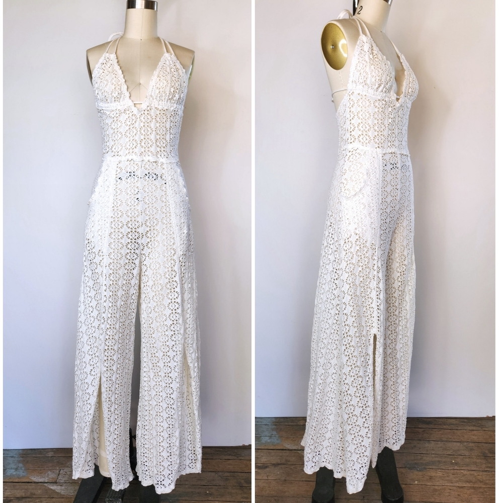 Free People Lace Ivory Jumpsuit Halter See Through Pockets Wide Legs w/ Slits S